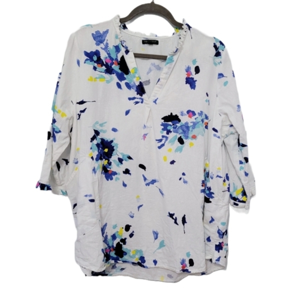 For Cynthia Floral V Neck Linen Tunic Top, Size 1X,‎ White Colorful Abstract